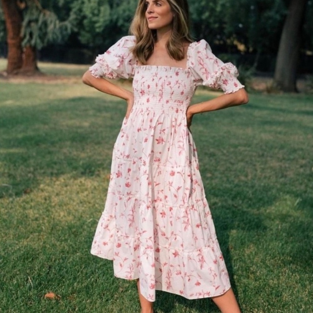 Hill House Cream Midi Dress with Pink Floral Print